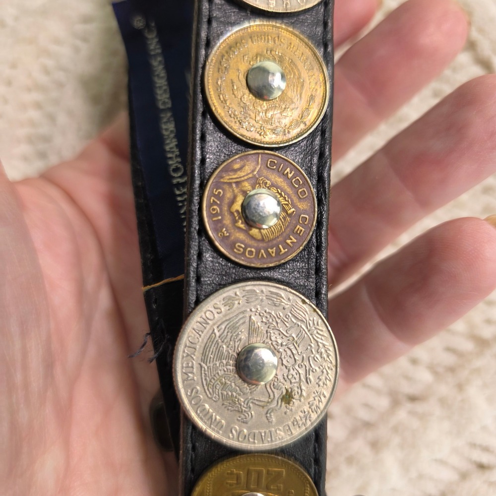 VTG 80s Ginnie Johansen Belt Black Mexican Coin Studded Western Leather 24-26 - Picture 10 of 11